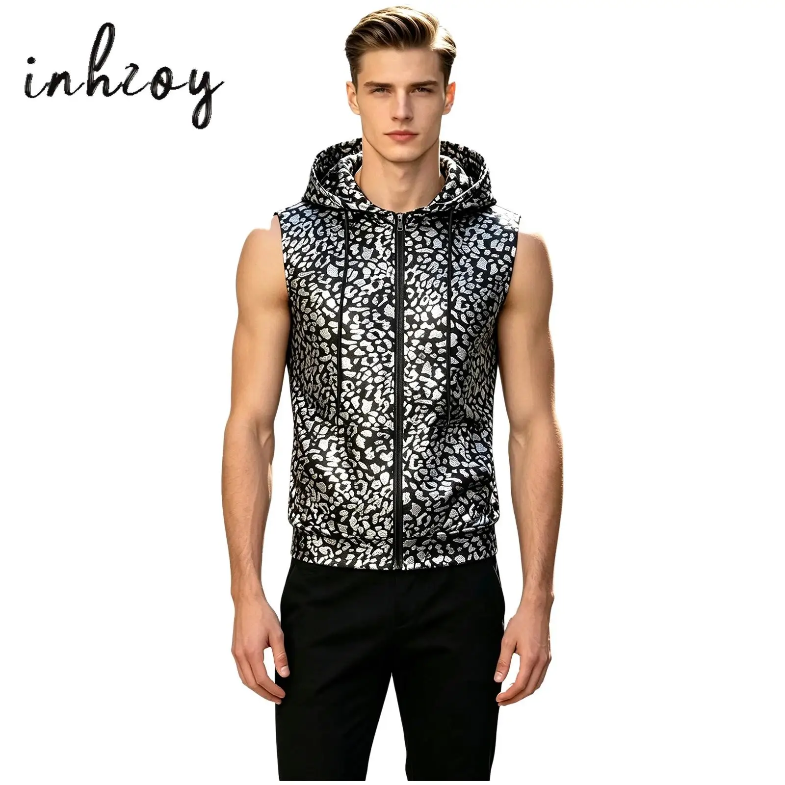 Men Women Metallic Leopard Hoodie Sleeveless Zipper Hooded Vest for Casual Daily Life Disco Party Club Rave Party Music Festival