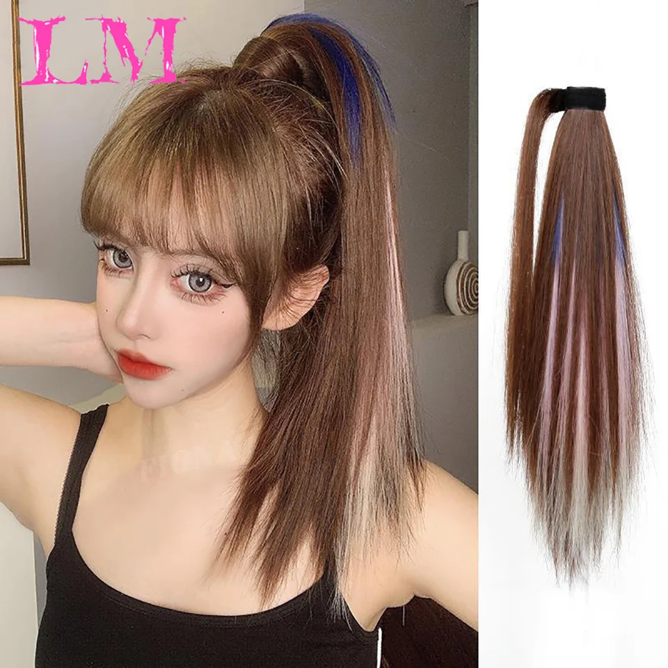 LM Synthetic Ponytail Hair Extension Clip in Fake Wig Hairpiece Synthetic Wrap Around Pigtail Long Smooth Overhead Pony Tail