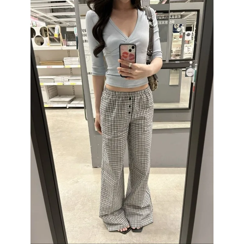 Very Home Blue Medium Sleeve V-Neck Top + Plaid Wide Leg Pants Low Waist Drop Pants Elastic Waist Floor Mopping Straight Pants