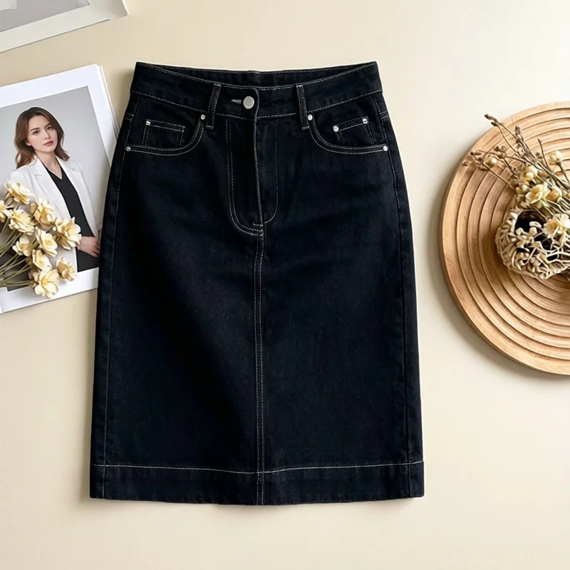Denim Blue Elastic Hip Enhancing  Skirt Fashionable Comfortable Business Casual Spring Autumn Seasonal Zipper Closure