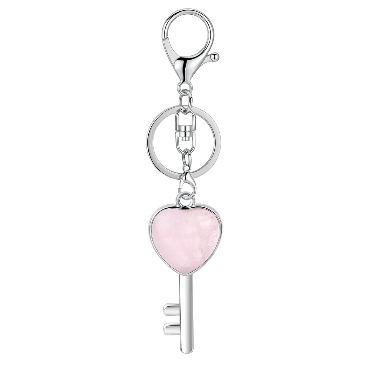 Rose Quartz Key Shape Pendant KeyChain for Bag Car Natural Love Heart Gemstone Lucy Lock Crystal Men Healing Chakra Cute Keyring