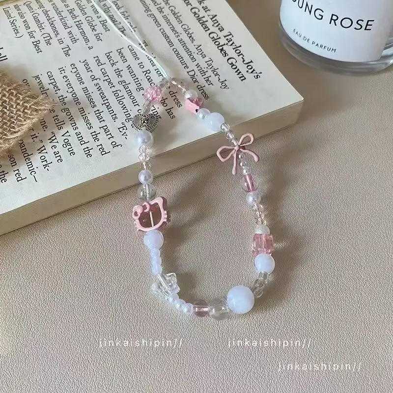 Sangle de téléphone tendance Y2K rose avec nœud et perles, breloque transparente multi-formes, accessoire adorable pour adolescentes