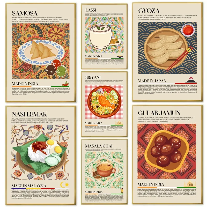 Jalebi Samosa Pho Gyoza indio vietnamita japonés comida callejera Retro lienzo impresión pared cartel moderno cocina restaurante decoración