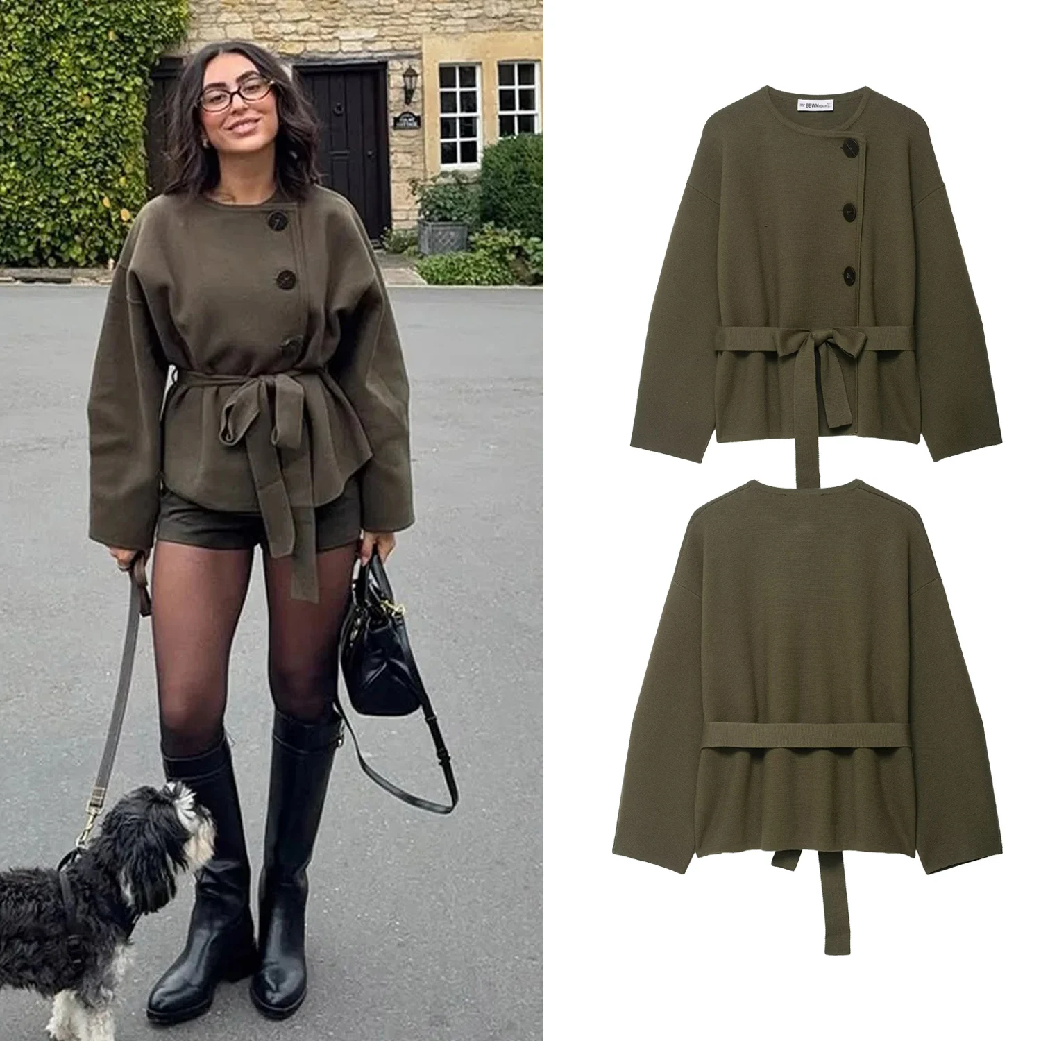 

Women Chic Vintage Knitted Coat Female Single Breasted O-Neck Lace Up Long Sleeve Cardigan Autumn Commute Lady Jacket