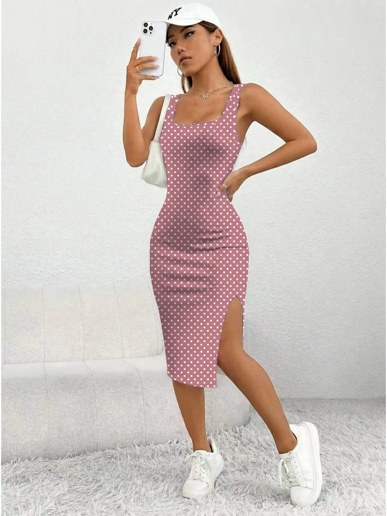 Women's Casual Elegant Thick Strap Square Neck Sleeveless Polka Dot Printed Slit Dress Mid-Length Skirt