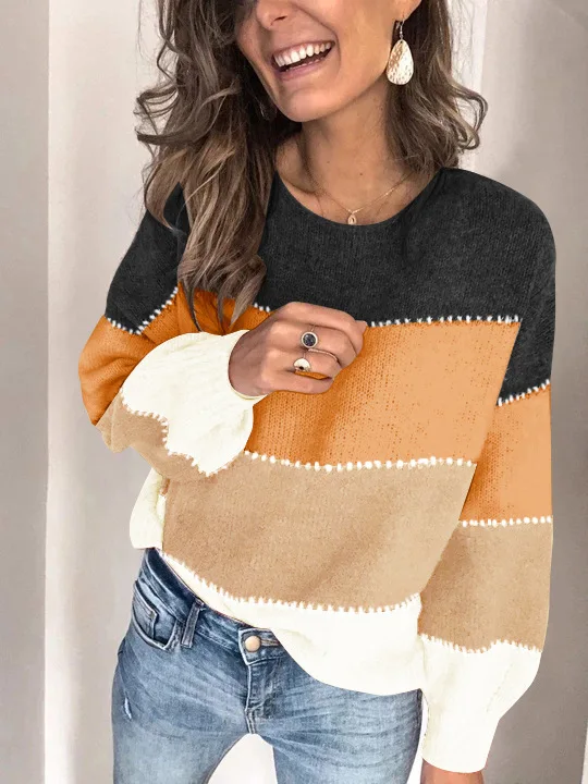 Faux Mohair Women's Sweaters Casual Long Sleeve Crewneck Color Block Patchwork Pullover Knit Sweater Tops 2024 spring Jumper