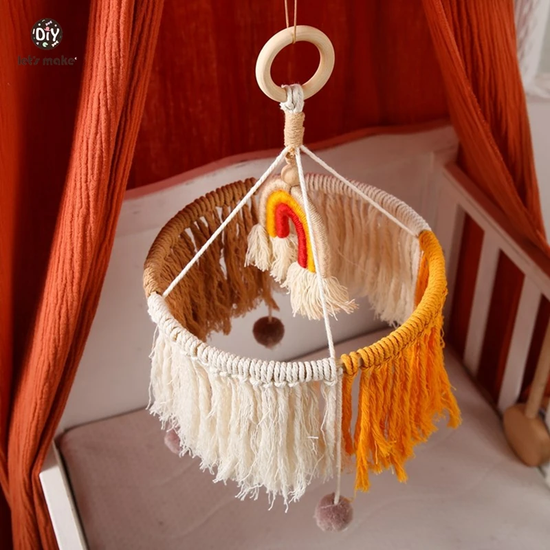 Baby houten bed bel beugel wieg beugel montage set macrame regenboog baby mobiele hangende rammelaars speelgoed voor baby kar accessorie