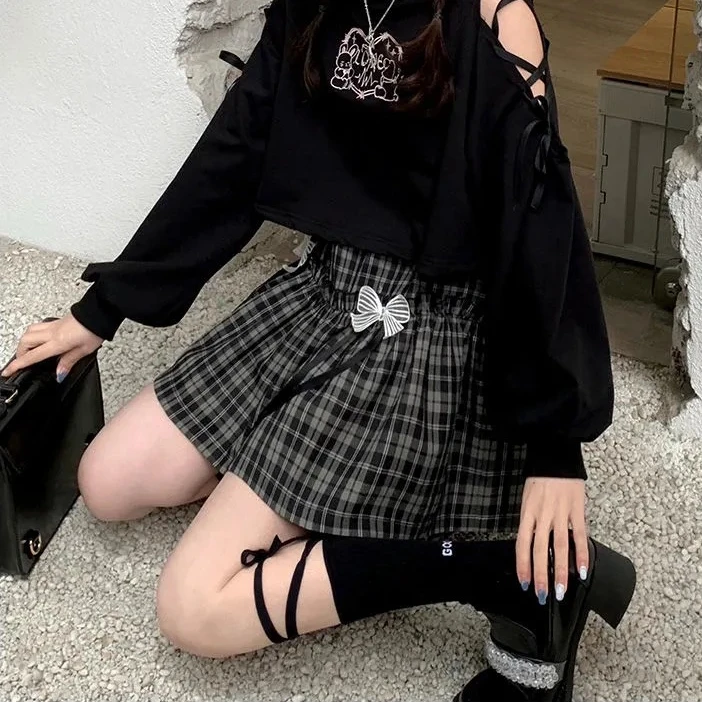 HOUZHOU Kawaii Gothic Lolita Plaid Skirt Women Goth Bow Black High Waist A-line Mini Skirts Japanese Style Harajuku Soft Girl