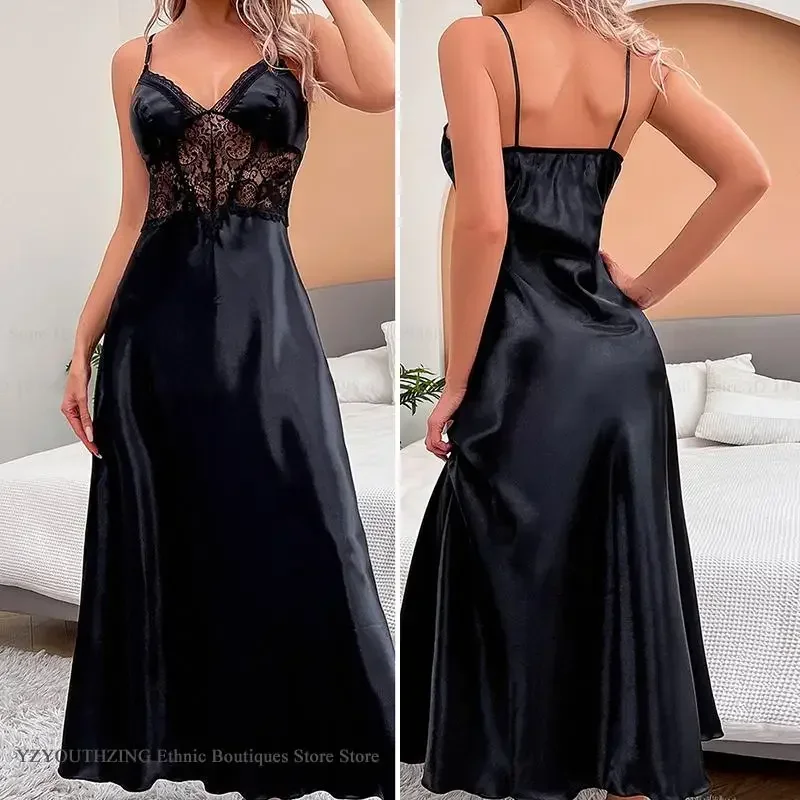 

Sexy Perspective Lace Nightgown Intimate Lingerie Summer New Female Sleepwear Long Nightdress Silk Satin Home Dress Loungewear