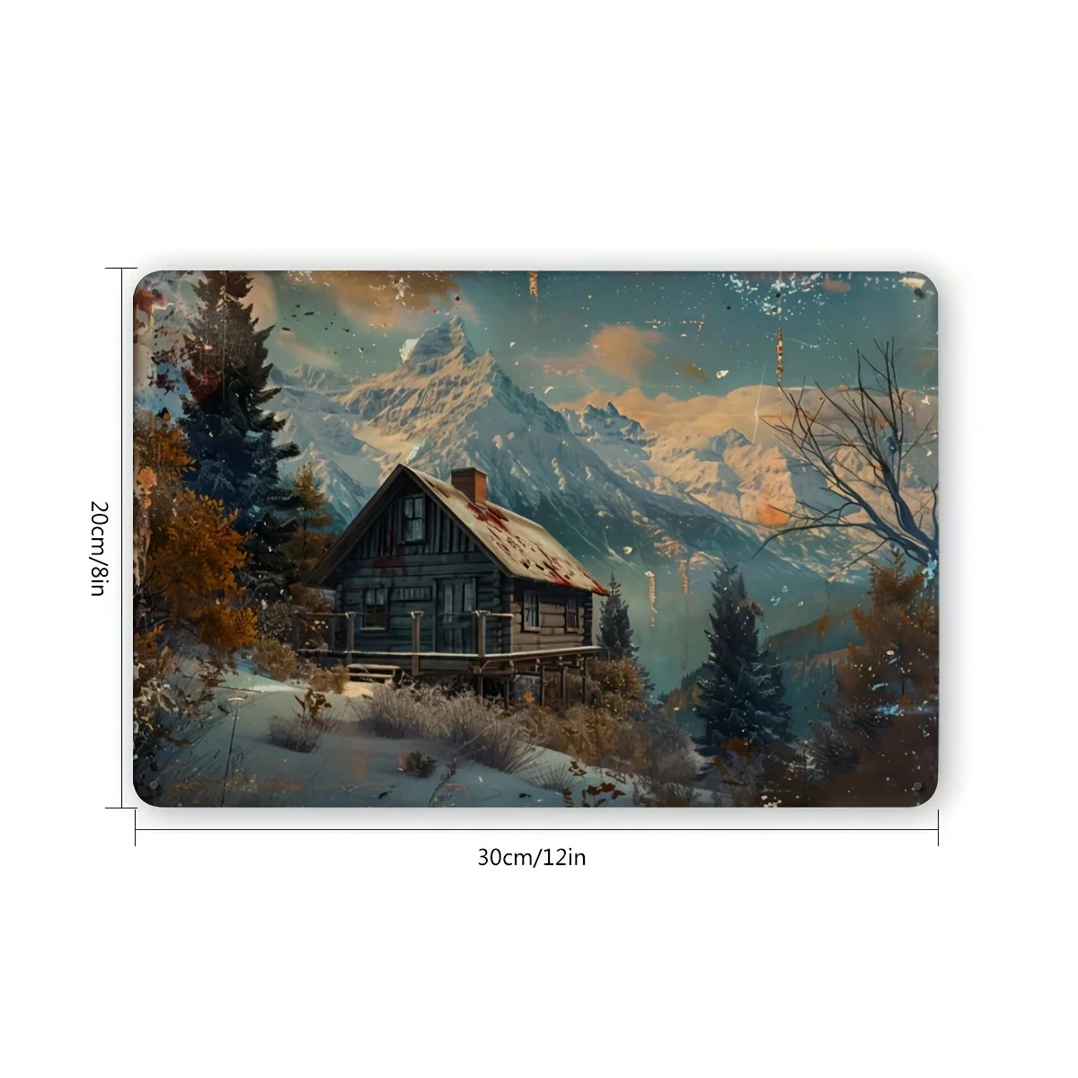 Rustic Mountain Cottage Metal Tin Sign - 12x8inch Vintage Cottage Scene Wall Decoration, Weathered Look, Suitable for Indoor/Outdoor Home Use