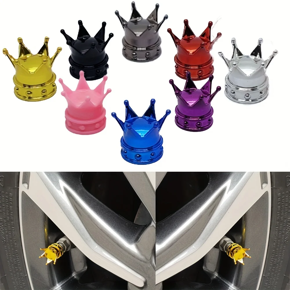 4pcs Kings Crown Tyre Tire Wheel Valve Stem Caps with Creative Air Dust Cover, Car Bling Accessories for Motorcycle Valve Amagi