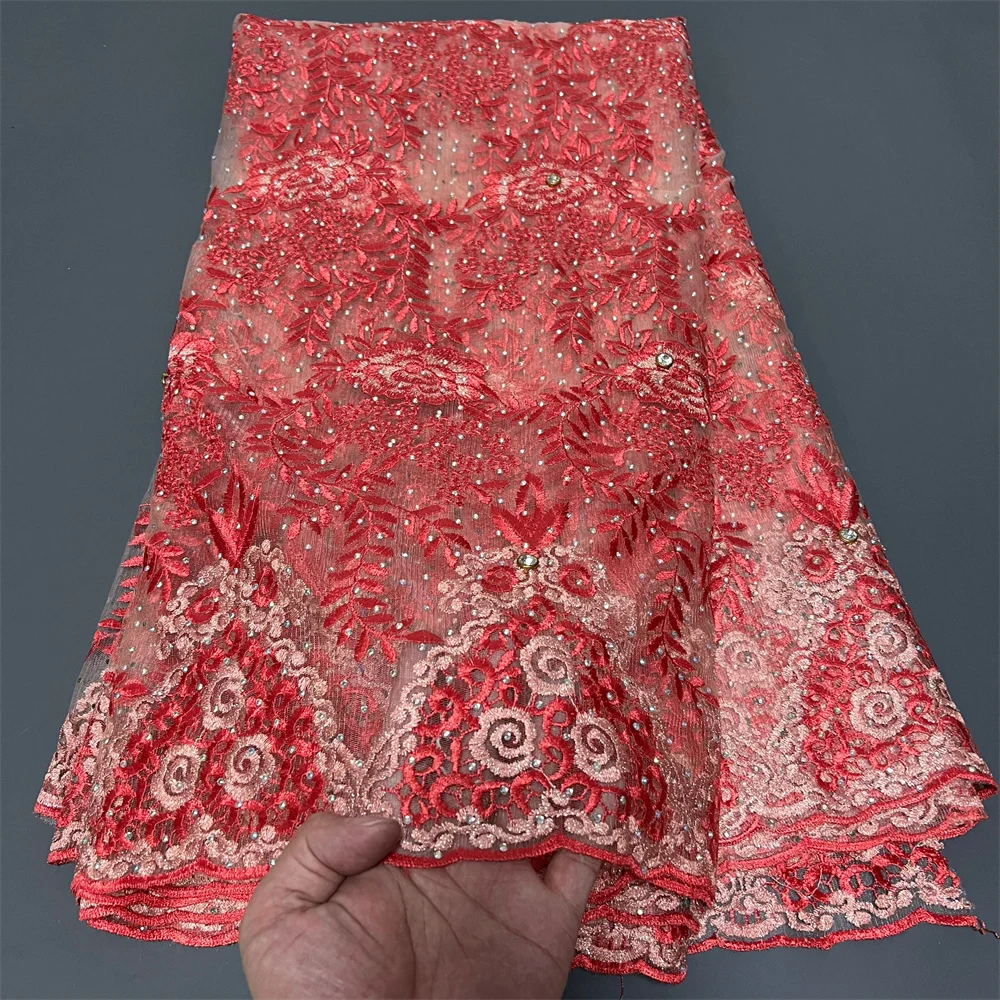 أحدث 2025 النيجيري الأفريقي جبر التطريز الترتر تول أقمشة الدانتيل جودة عالية لفساتين الخياطة 5 ياردة ZJ085 #2