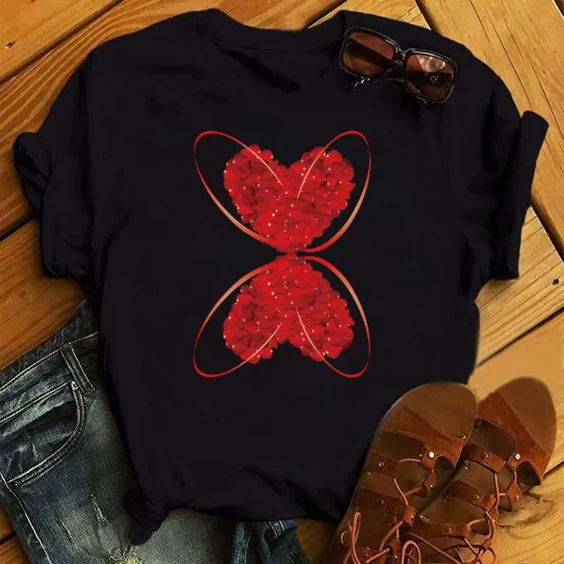 New Red Love Flower Women T Shirt Fashion Women's Short Sleeve T-shirt Cartoon Rose Graphic T-shirt Femme T Shirt Tee