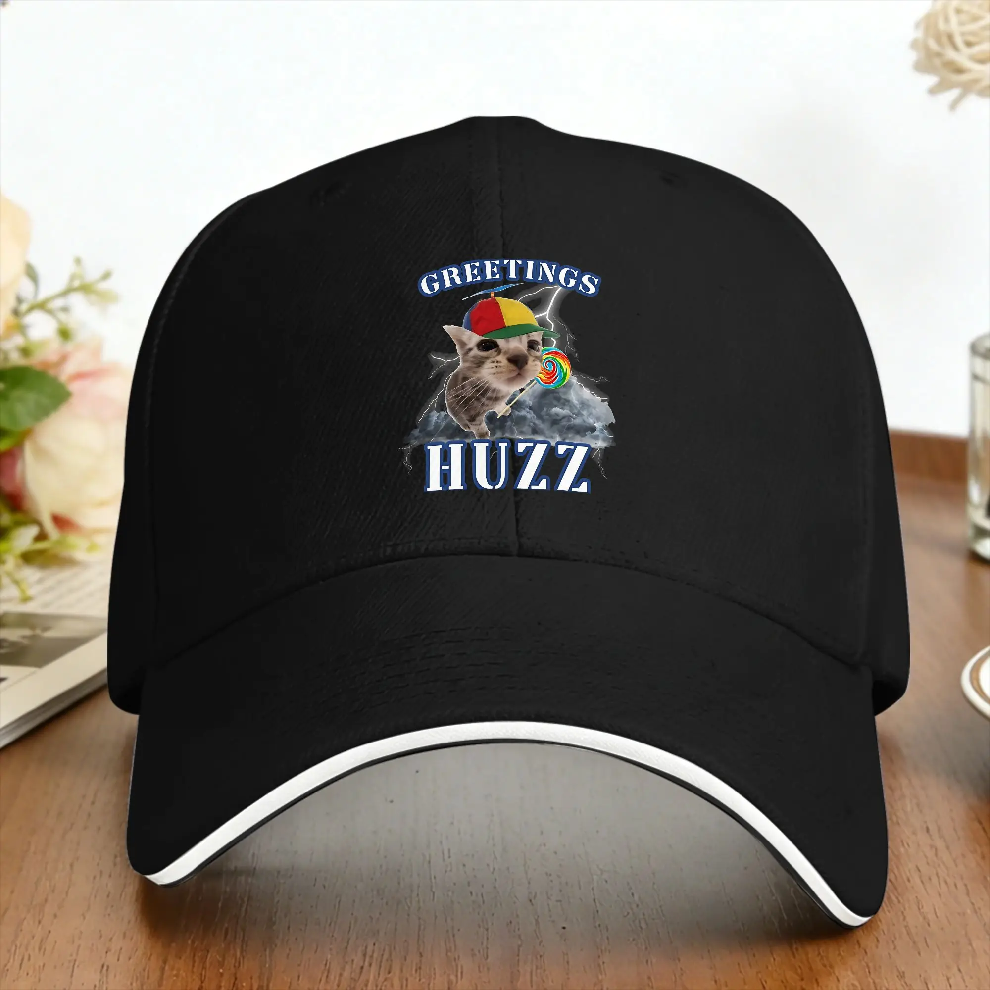 Casual Baseball Cap Greetings Huzz Silly Cat Meme  Tennis Skate Trucker Hat For Unisex Sun Visor Fashion Snapback Cap