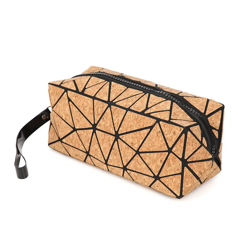 5pcs Makeup Bags Cork Leather Geometric Rhombus Printing Solid Travel Toiletry Bag With Wrist