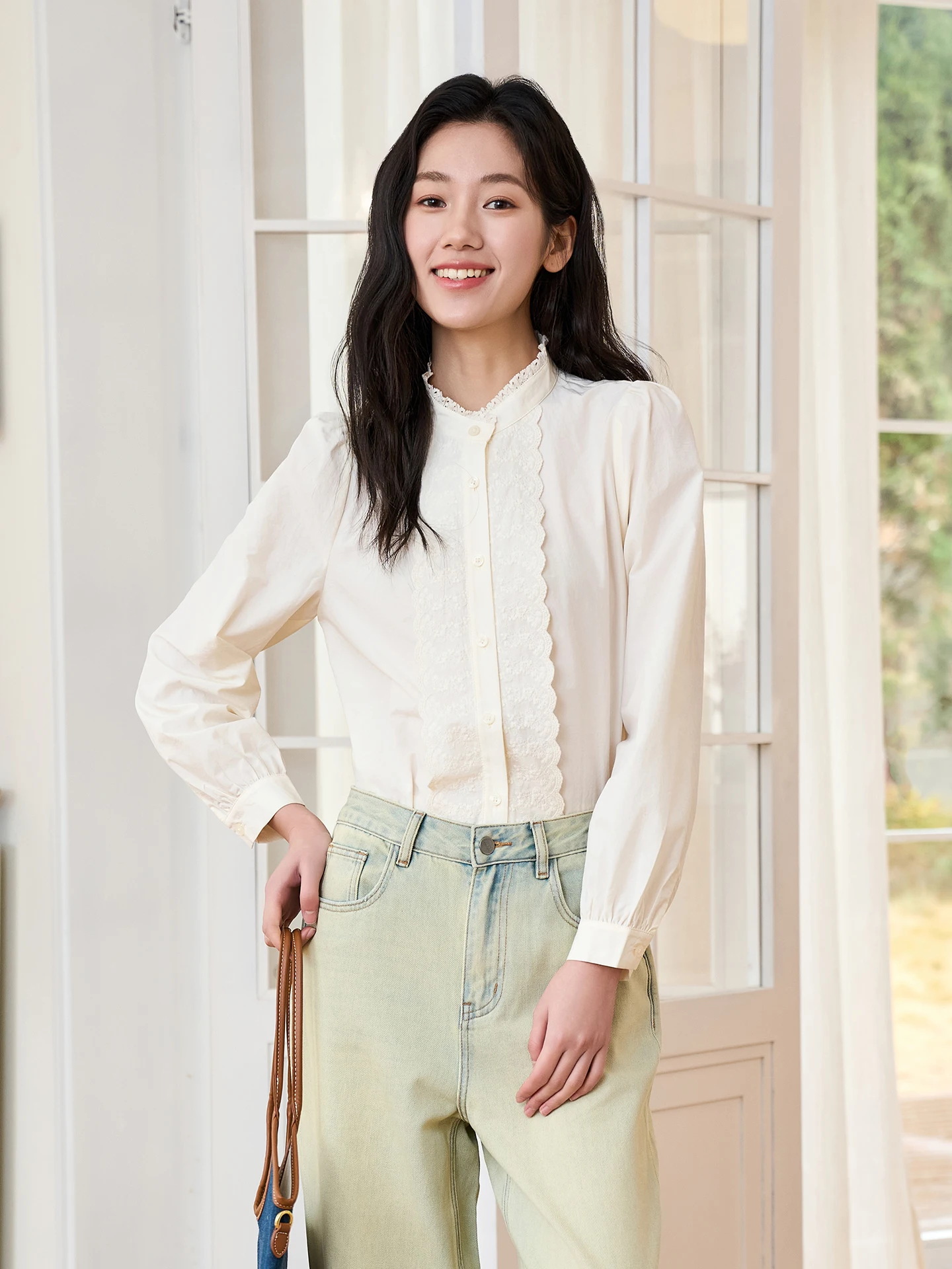 

Женская блузка Fay-Fayee с вышивкой, воротником-стойкой и рукавами-фонариками, нежный стиль, весна 2026, новинка, смесь полиэстера и хлопка