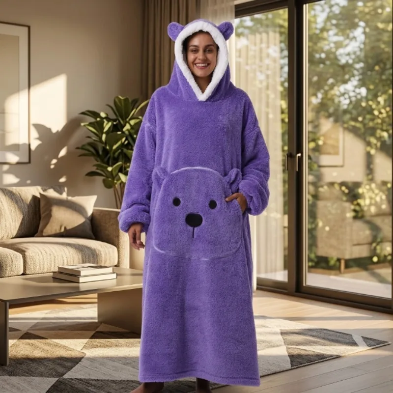 1PC Oversized Hooded Winter Pajamas Couple Thick Flannel Long Sleeve Loungewear Solid Color for Home Sofa and Outdoor Wear