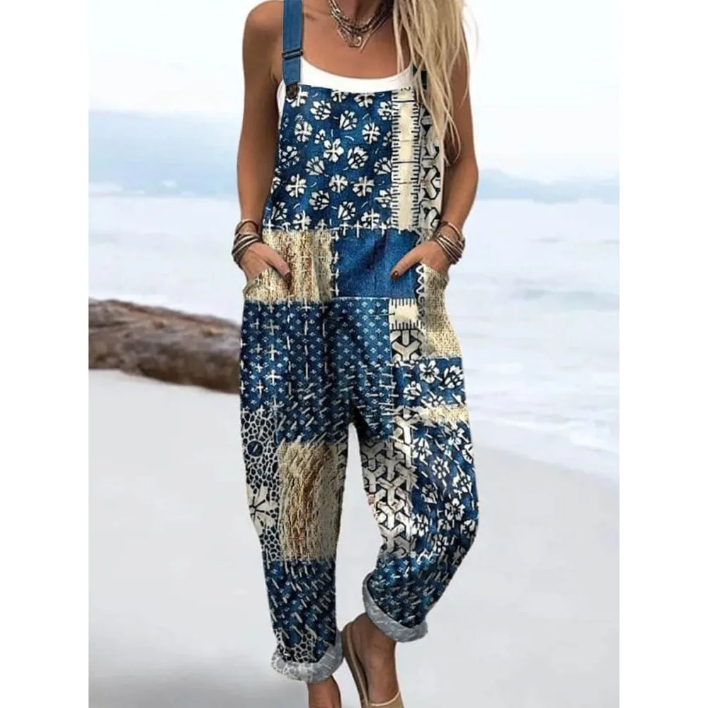 

Женский регулируемый комбинезон Harajuku в винтажном стиле, комбинезон свободного покроя с цветочным и геометрическим узором для прогулок на море