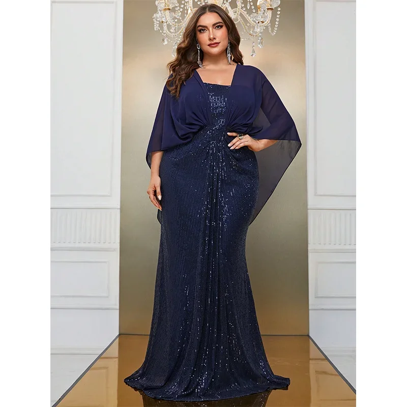 

Plus size V-neck navy blue chiffon cape short-sleeved sequin evening dress 4XL5XL Big Size Elegant Prom Dress for Women 4XL 5XL