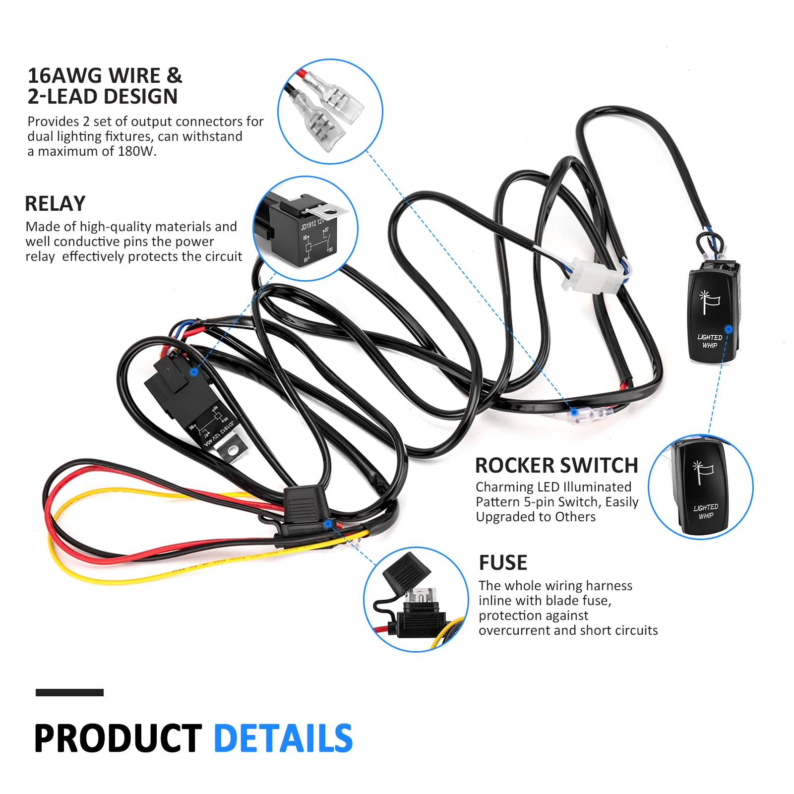 UTV Key on Whip Light Wiring Harness Kit with ACC Terminal Rocker Switch Relay Fuse for Can Am Teryx Polaris RZR Ranger General