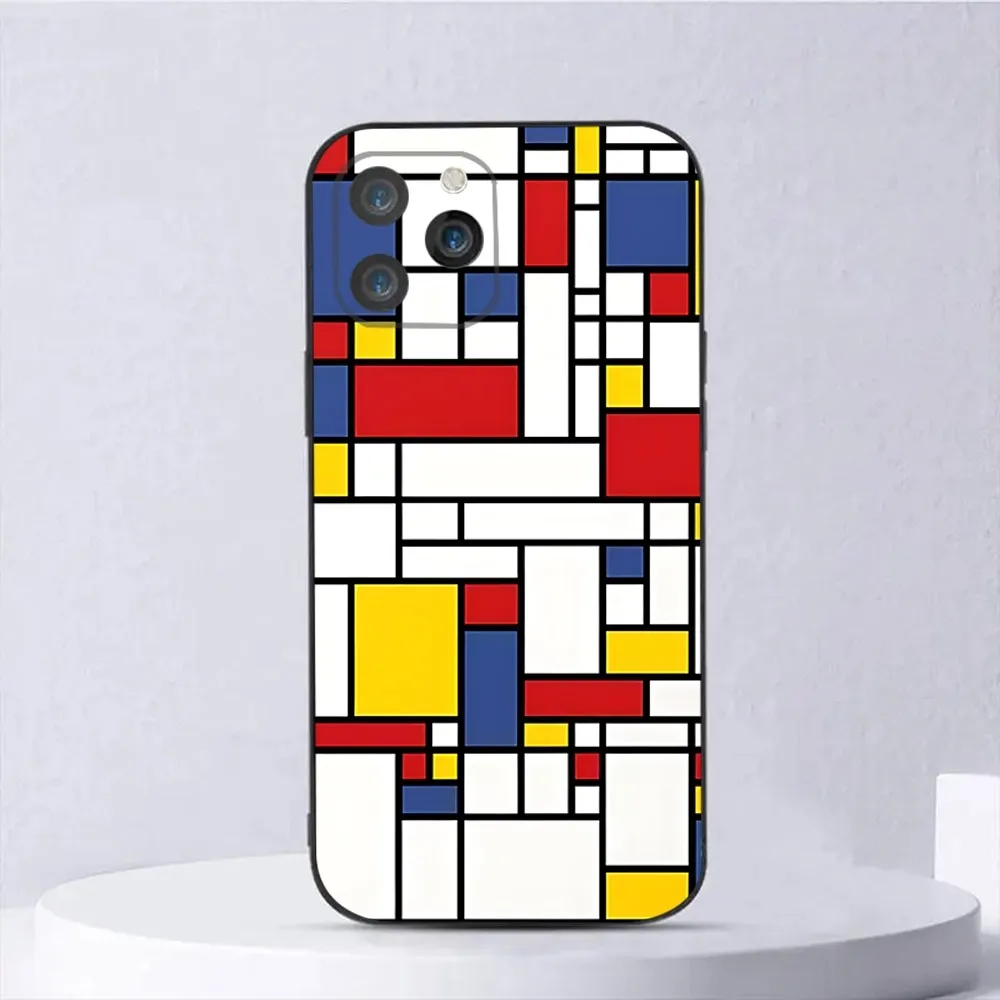 pattern Bauhaus Style Abstract Piet Mondrian Phone Case For iPhone 15,14,13,12,11,Plus,Pro Max,XS,X,XR,SE,Mini,8, Silicone Black