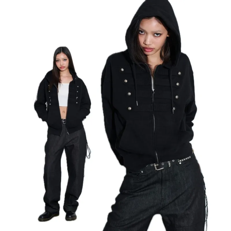 Retro Instagram style solid color simple casual button zipper cardigan sweatshirt punk high street hooded jacket for women