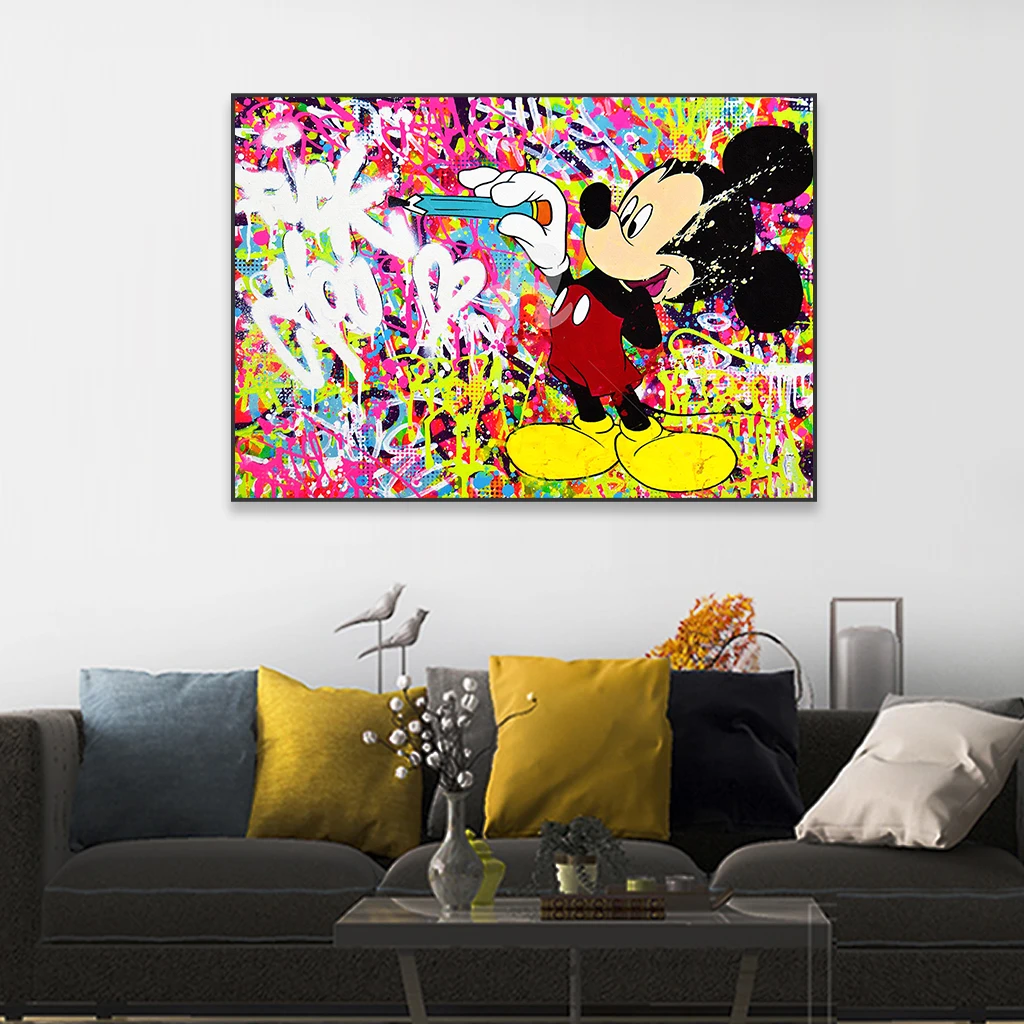 Street Graffiti Wall Art Poster Banksy Style Pop Art Mickey Mouse Print Disney Graffiti Art Poster Cartoon Retro Canvas Painting