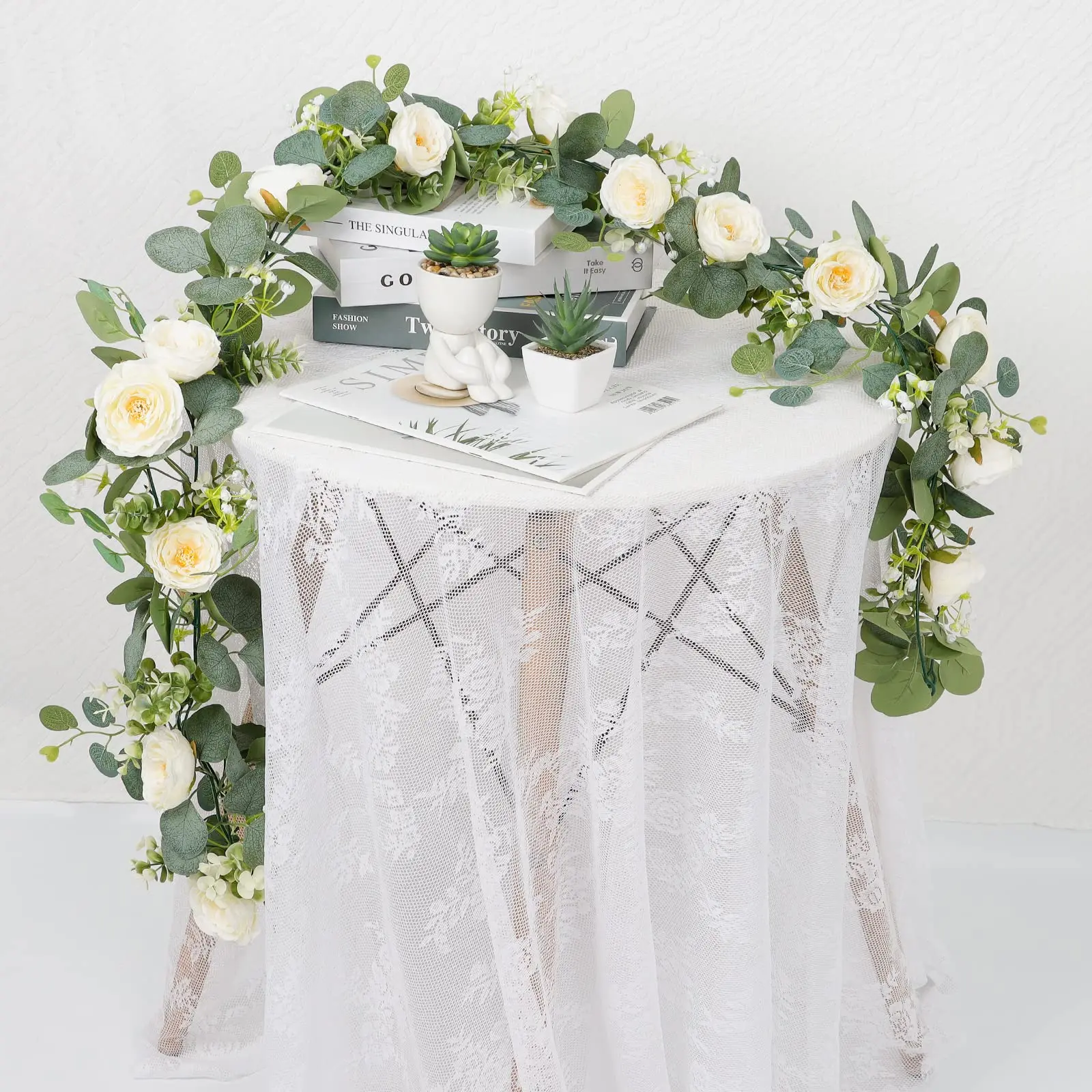 1 Stück Künstliche Eukalyptus-Hängegirlande Weiße Blumenranken Kunstpflanzen für Hochzeitsbogen Wanddekoration Heimparty Weihnachtsdekoration – Detail 7