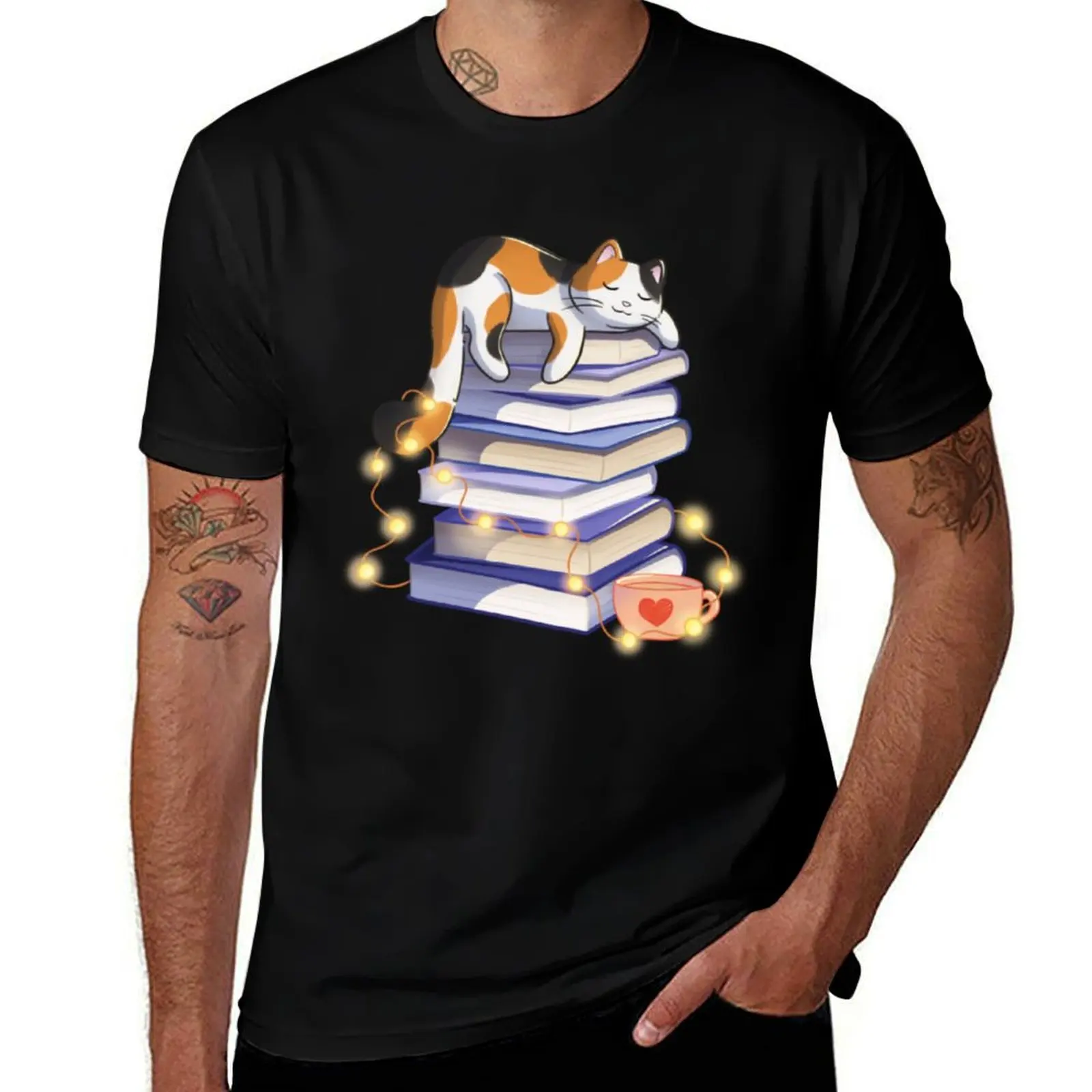 

Calico Cat Sleeping On Books T-Shirt man t shirt summer t shirts for man slim fit funny t shirts dark humor T-shirt