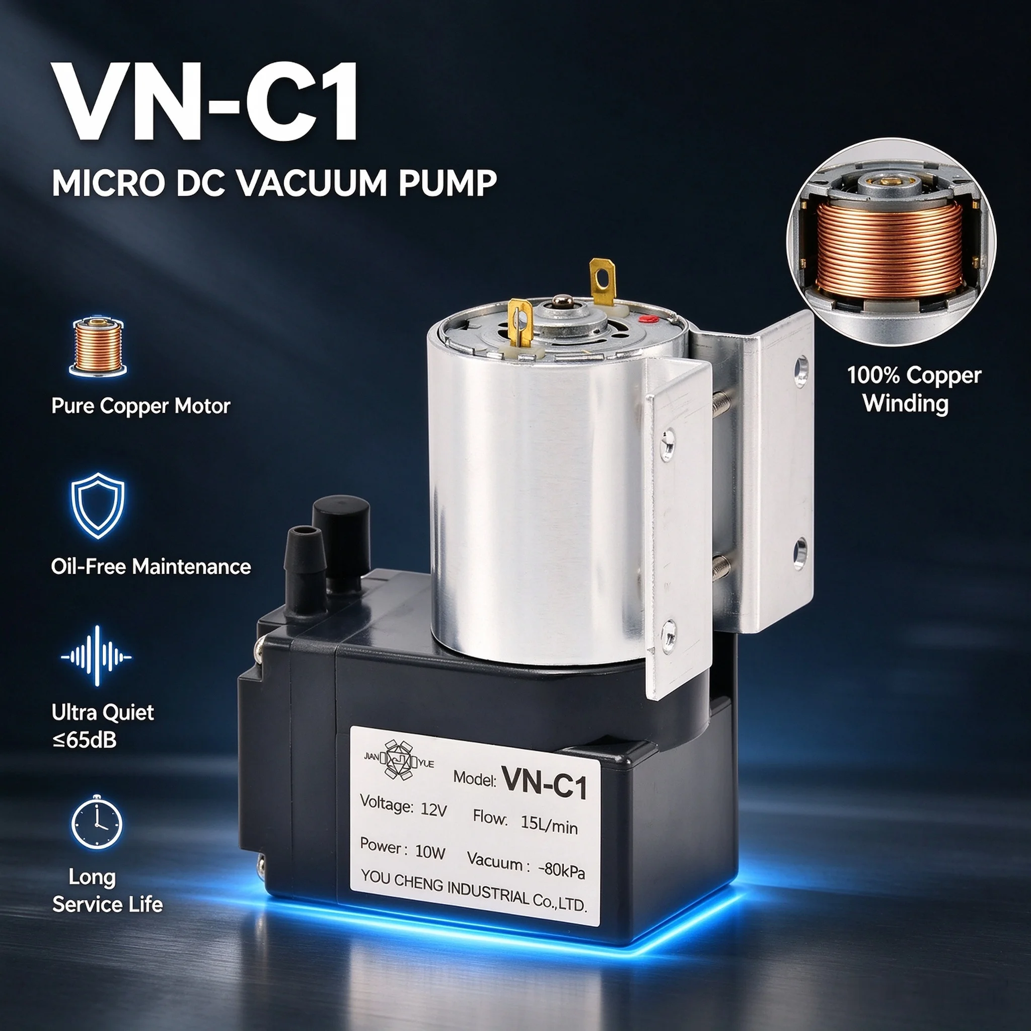 VN-C1 Mini DC Vacuum Pump 12V 24V 15L/min -80kPa Micro Air Pump Oil-Free Pure Copper Motor for Beauty Lab Industrial