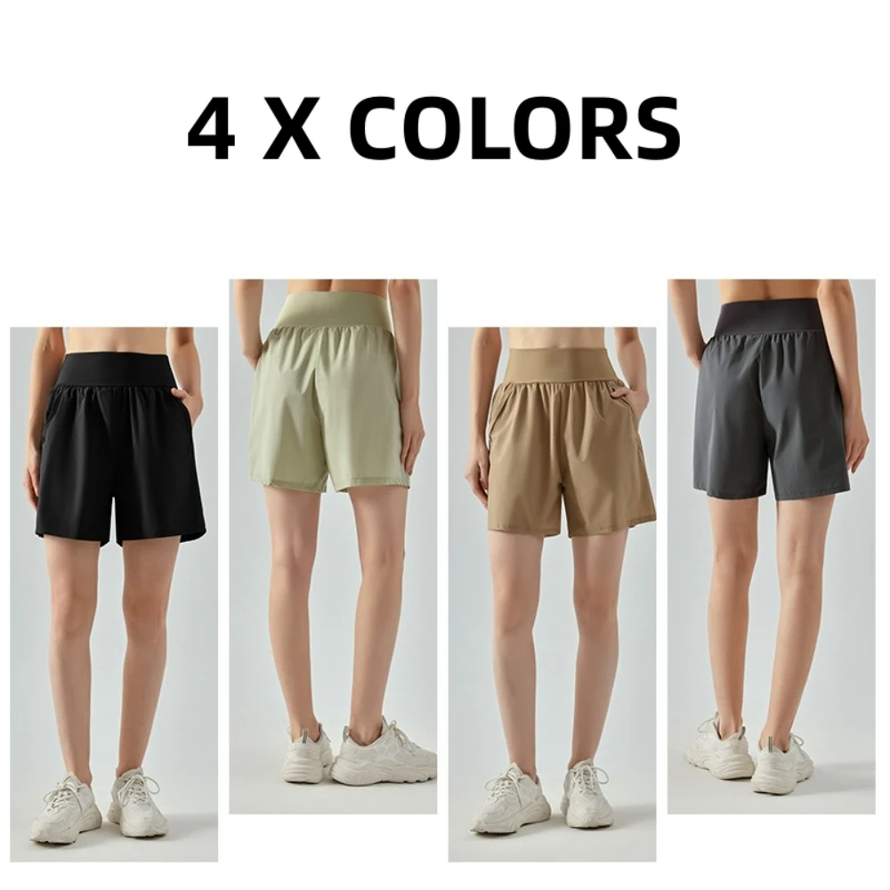 Widened high Waist Sports shorts for women Dual Pocket Running Fitness Middle Pants Loose Fitting Casual Quick Drying Yoga Pants