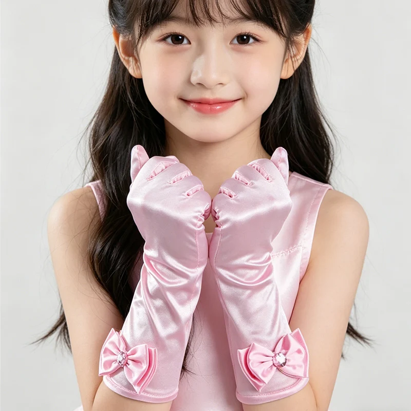 Children's Performance Satin Gloves with Full-Finger Bow Design, Girls' Spring and Autumn Thin Evening Dress Long Gloves