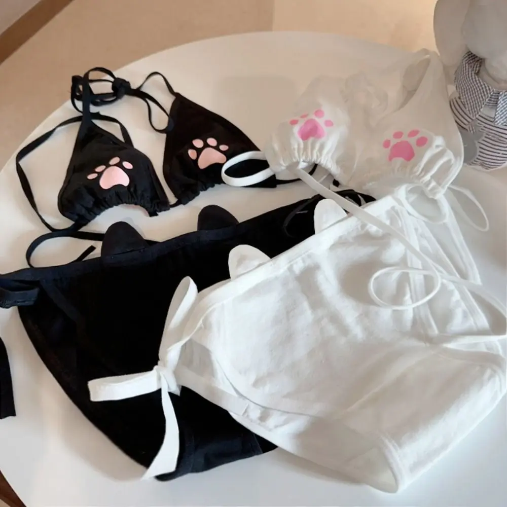 

Ins Lace Up Bra Panties Set Cosplay Bikini Two Pieces Swimwear Beachwear Clothing Cat Paw Lingerie Ladies