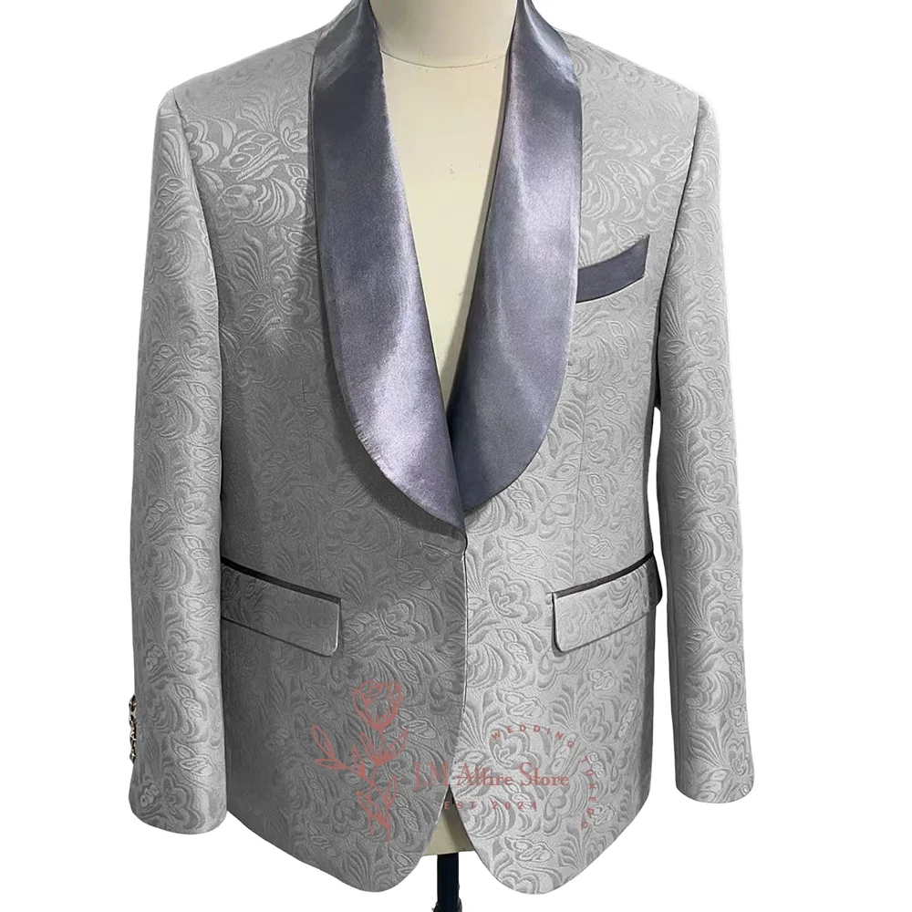 Premium Men's Suit in Grey Jacquard Shawl Lapel Blazer for Wedding Groom Easter Xmas Party Homme Birthday Gift Custom Tuxedo