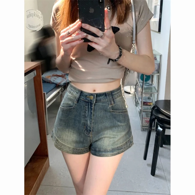 Thin section tight spicy denim shortsfemale 2024 summer Korean version of high-waisted small thin A-line package hip hottrousers