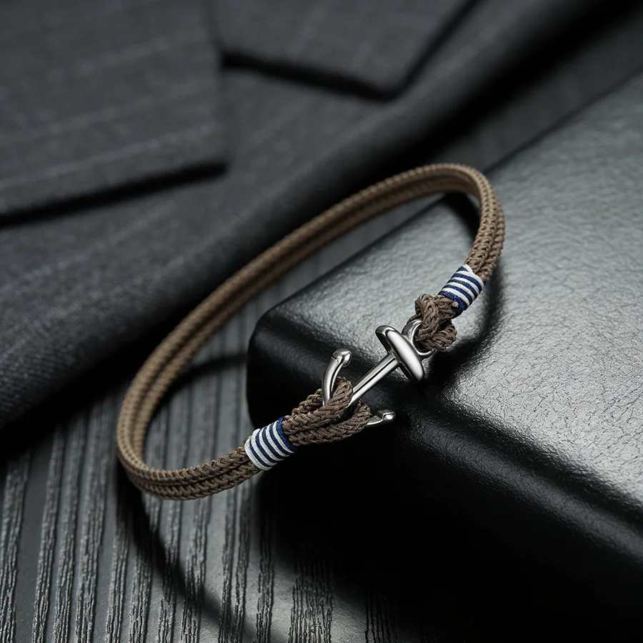 Nautical Stainless Steel Anchor Bracelet Unisex 2mm Bilayer Handmade Weaven Thin String Braslet Outdoor Camping Couple Jewelry