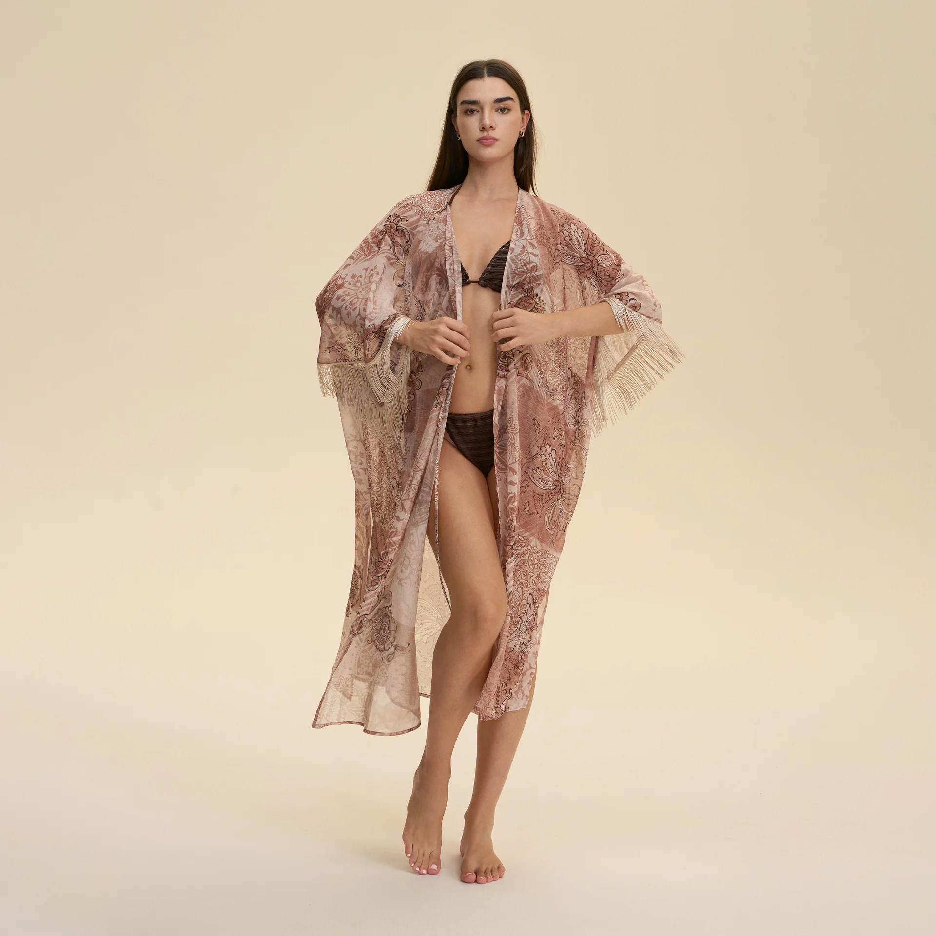 Tassle Cuff Mesh Print Flower Robe Nightgown Chiffon Sleepwear Kimono Bathrobe Sunscreen Cardigan Sexy Beach Bikini Cover Robe