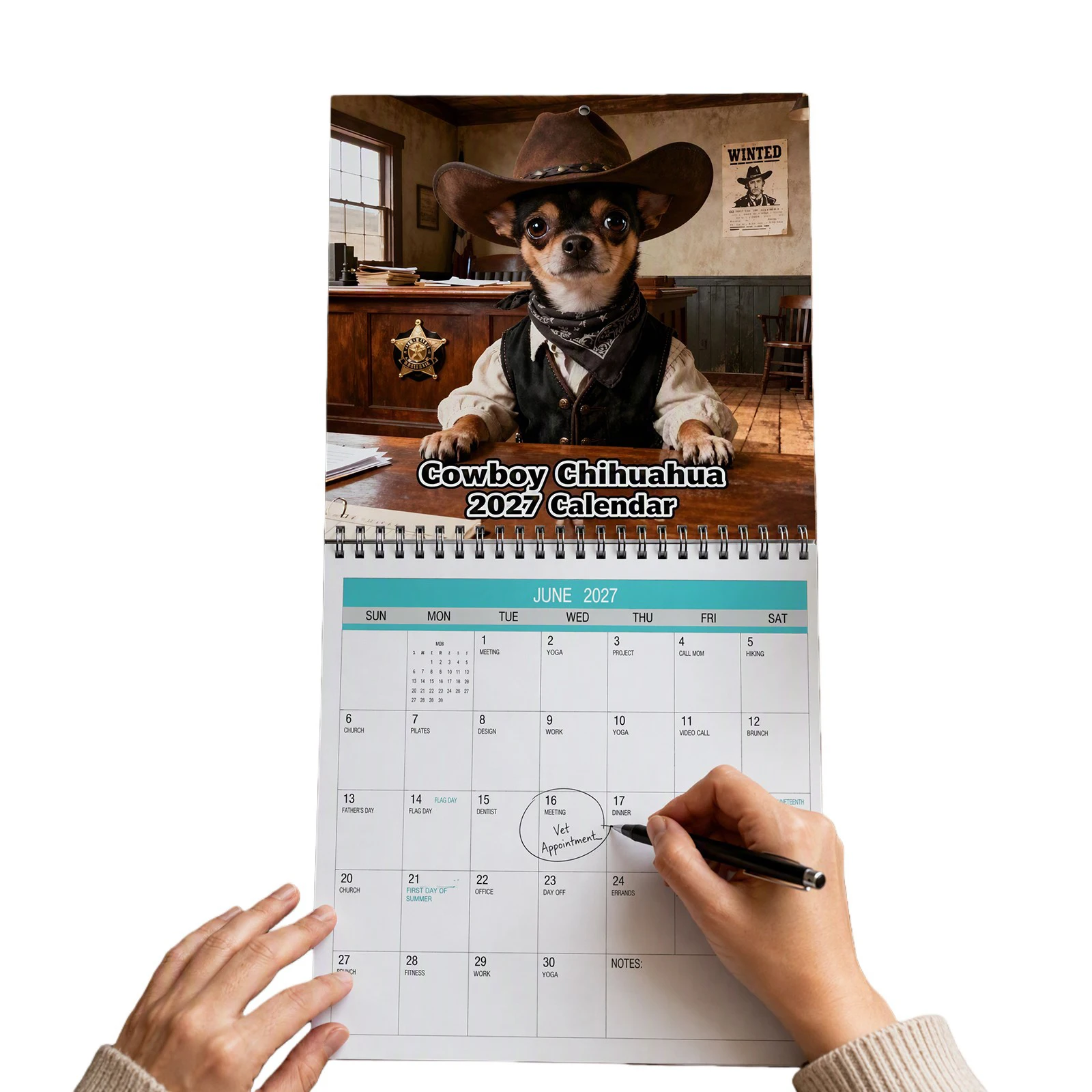 2027 Cowboy Chihuahua Monthly Planner Calendar Spiral Bound Thick Paper No Bleed for Wall Hanging