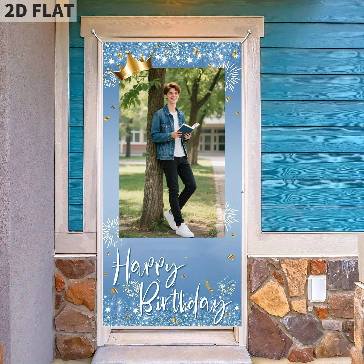 Custom Blue Color Happy Birthday Polyester Door Banner, with Photo Custom Birthday Decorations Party Supplies for Women Men