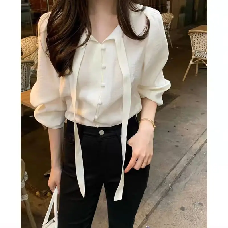 Design Temperament Lace-up French Long-sleeved Shirt Shirt Lotus Leaf Streamer Versatile Top