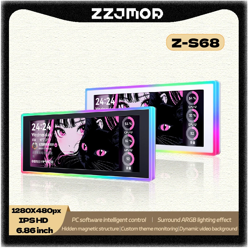 ZZJMOD Z-S68 IPS HD 6.86-inch Surround ARGB Magnetic Smart Control Secondary Screen Custom Theme Free HDMI PC Accessories