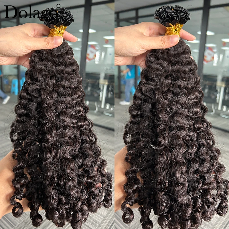 Extensiones de cabello humano con puntas K para mujer, cabello rizado birmano, mechones, negro natural, puntas planas, cabello vietnamita a granel