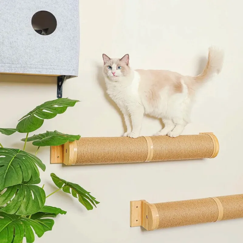 

Wall Mounted Cat Tree Climbing Rope Wooden Cat Climbing Shelf with Sisal Rope & Scratching Post Kitten Training & Grinding Claw