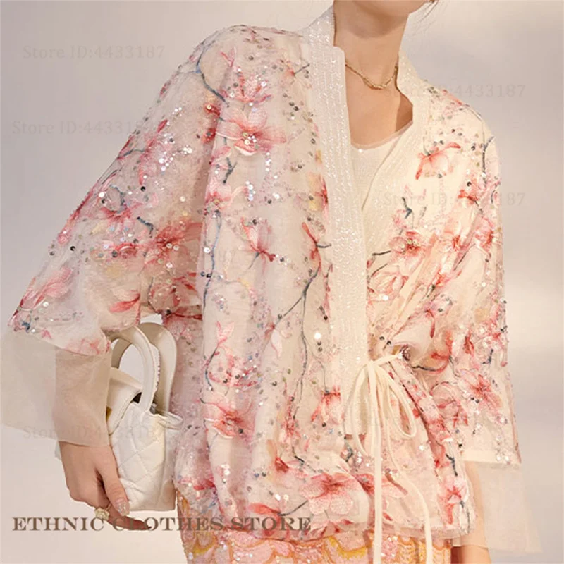 

Luxury Chinese Style Women Kimono Cardigan Traditional Japanese Yukata Haori Coat Elegant Embroidery Bead Sequins Outwear Jacket