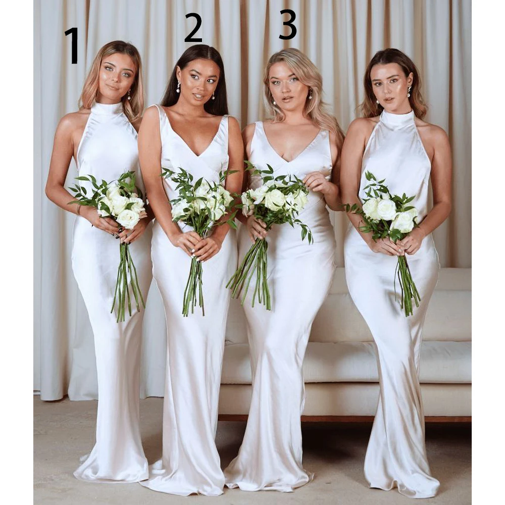 

Gorgeous White Solid Wedding Party Dress Elegant V-Neck Halter Sleeveless Mermaid Gowns Fashion Floor Length Bridesmaid Dresses