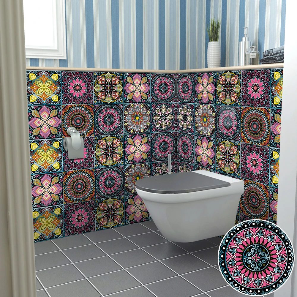 Mandala Tile Wall Stickers, Transfers Covers, Self-adhesive, Waterproof, Wall Decal, Wardrobe, Kitchen, Bathroom, Floor, 10Pcs