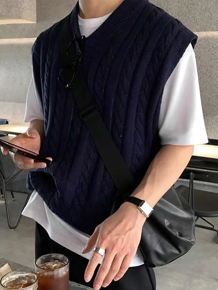 

Men's Navy Cable Knit V-Neck Loose Sweater Vest for Autumn Winter Casual Wear