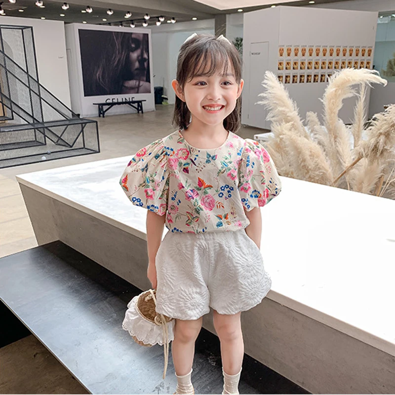 Children\'S Clothing Sets 2022 Summer New Girls Fashion Kids Outfit Girls\' Floral Puff Sleeve Top +Lantern Shorts Baby Kids Suits