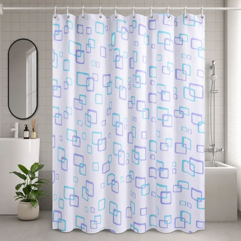 

Purple Blue Shower Curtain Geometric Square Ring Pattern Waterproof Modern Bathroom Decorations Curtains with 12Hooks 180x180cm