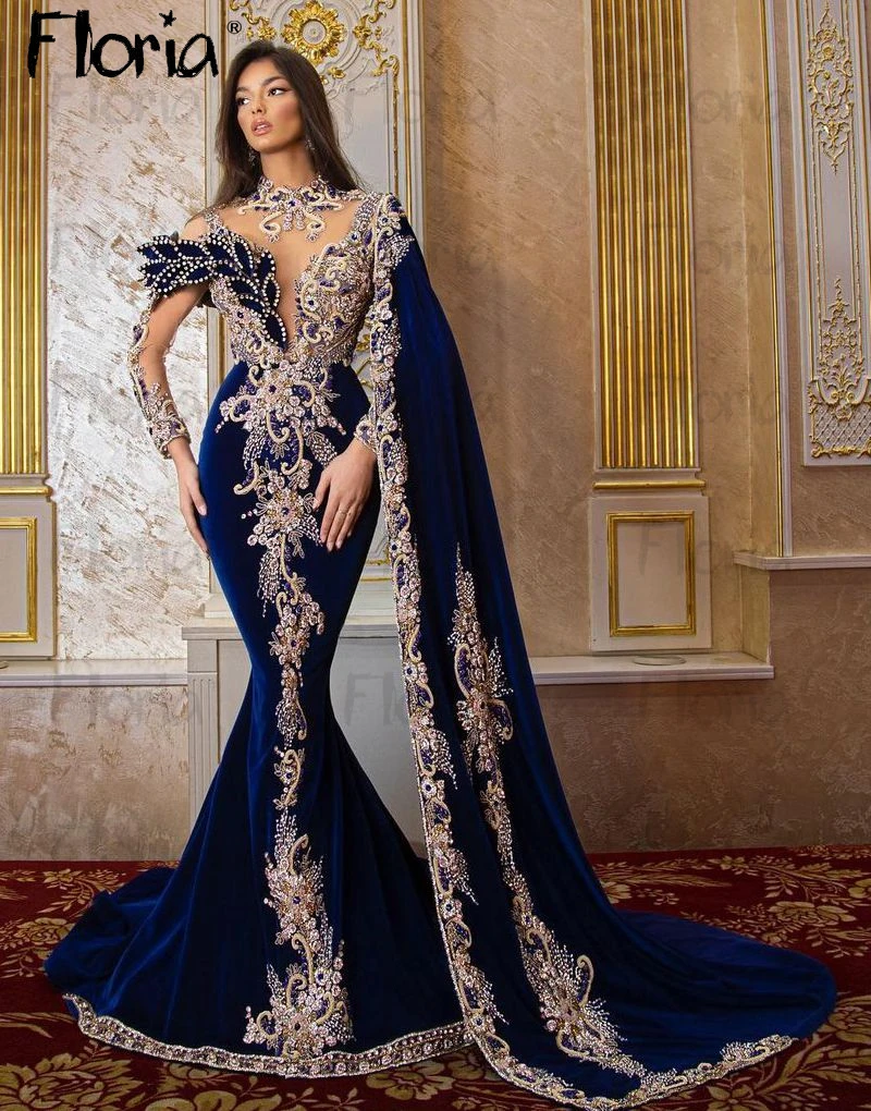 Vestidos de celebridades largas con bordado de lujo azul marino de Oriente Medio, vestidos de Dubái de manga larga con cuentas pesadas, vestidos de fiesta de boda formales